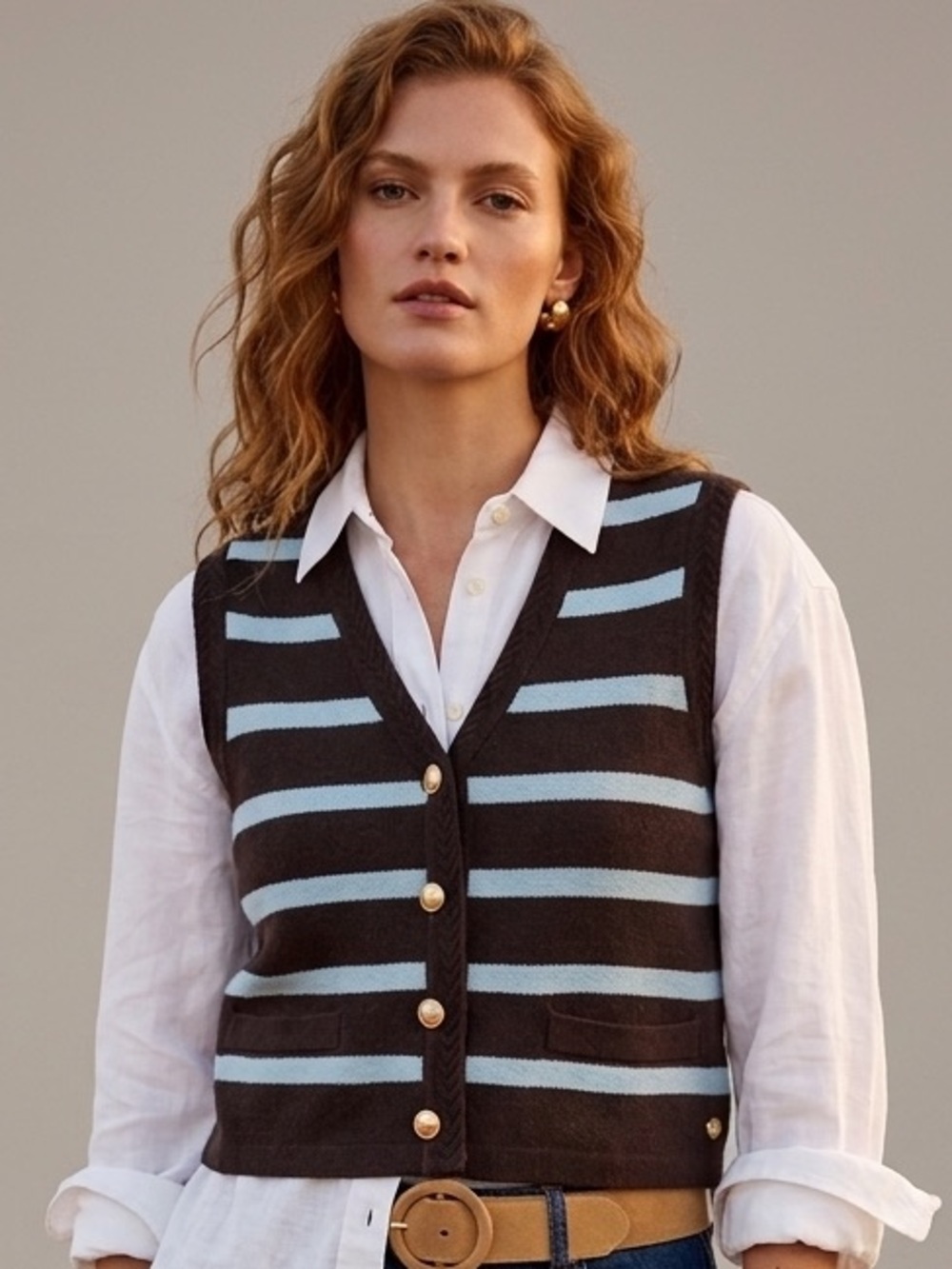 SCOTCH & SODA Striped V-Neck Sweater Vest S 17” p2p Brown/Light Blue $98 NWT